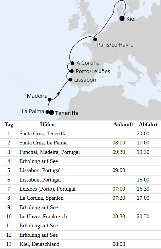 AIDAperla - Europas Atlantikk&uuml;ste ab Teneriffa vom 20.01.2028 bis 01.02.2028