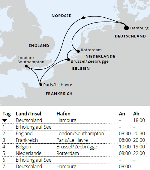 AIDAperla 2027, Metropolen ab Hamburg