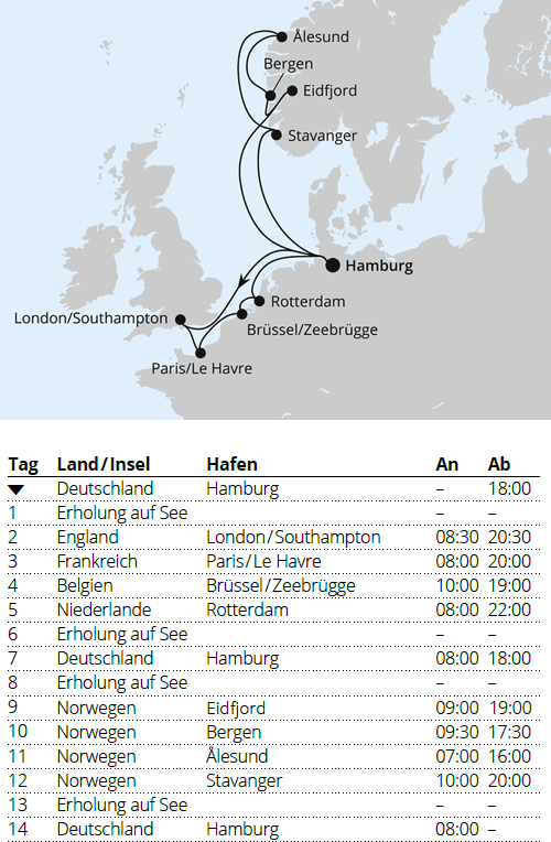 AIDAperla 16.10.2027 bis 30.10.2027, Metropolen & Norwegen ab Hamburg