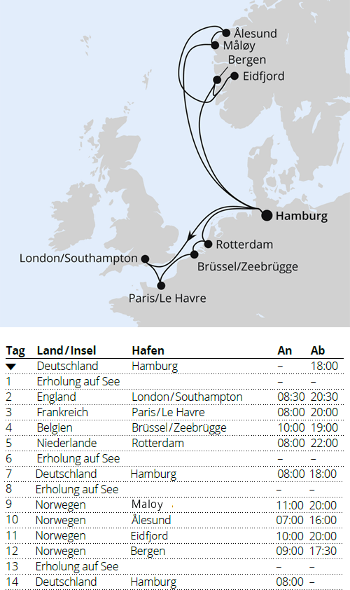 AIDAperla 21.08.2027 bis 04.09.2027, Metropolen & Norwegen ab Hamburg