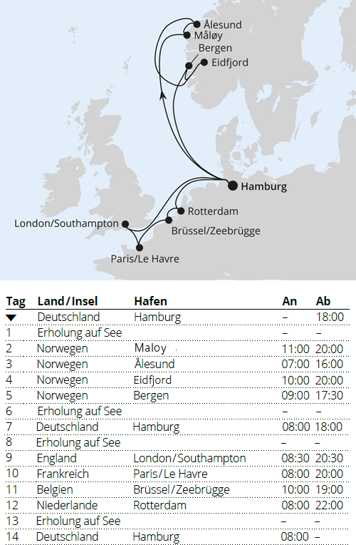 AIDAperla 28.08.2027 bis 11.09.2027, Metropolen & Norwegen ab Hamburg