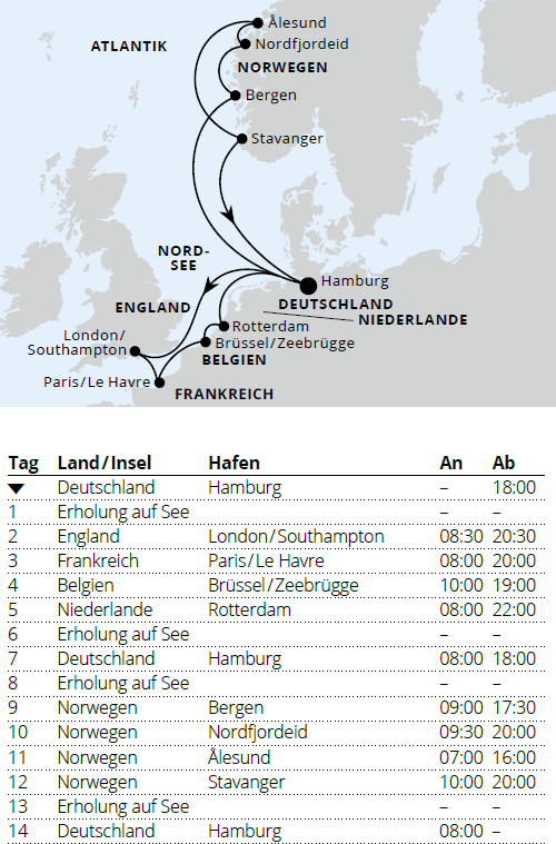 AIDAperla 29.05.2027 bis 12.06.2027, Metropolen & Norwegen ab Hamburg