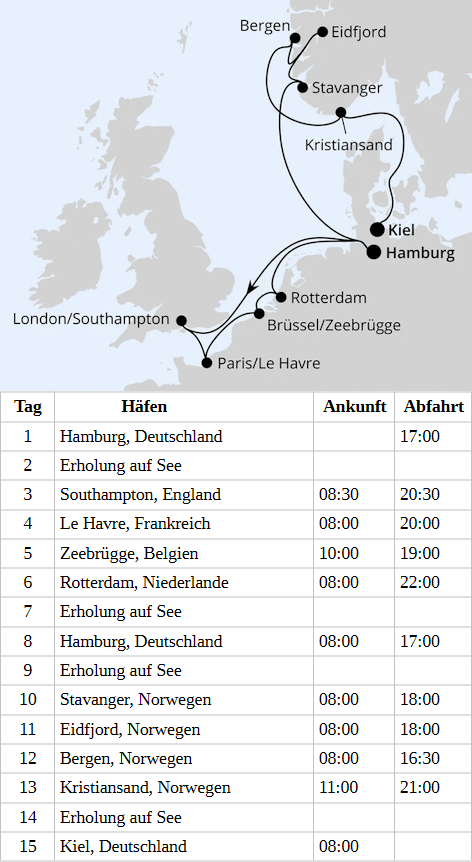 AIDAperla - Metropolen & Norwegen von Hamburg nach Kiel vom 30.10.2027 bis 13.11.2027