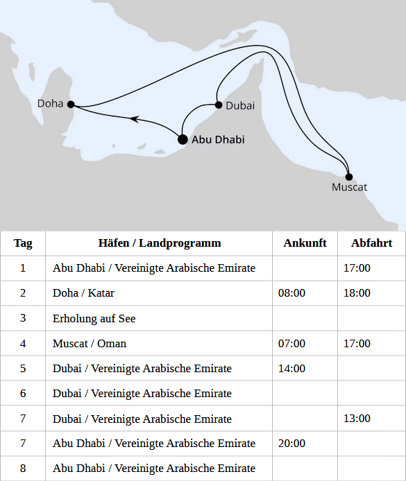 AIDAperla Abfahrten vom 17.12.2027 bis 07.04.2028, AIDAperla - Orient mit Oman ab Abu Dhabi