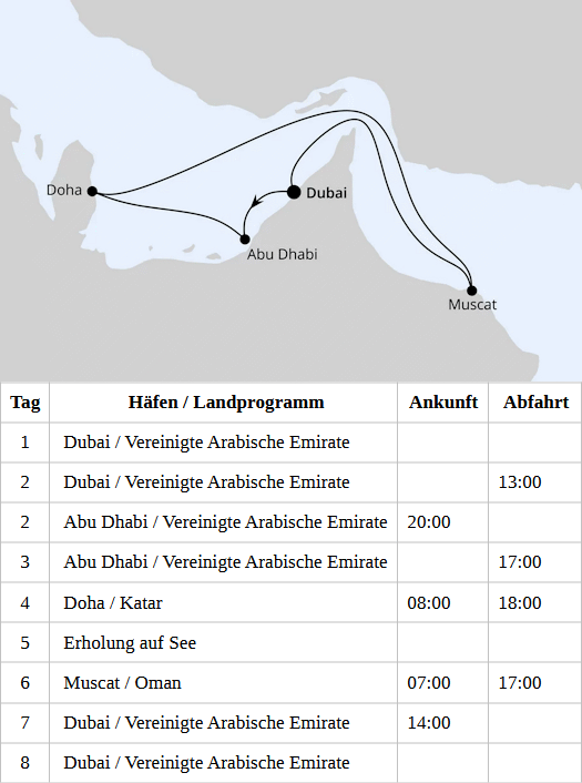 AIDAperla Abfahrten vom 17.12.2027 bis 07.04.2028, AIDAperla - Orient mit Oman ab Dubai 1