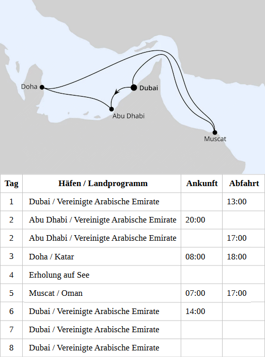 AIDAperla Abfahrten vom 18.12.2027 bis 08.04.2028, AIDAperla - Orient mit Oman ab Dubai 2