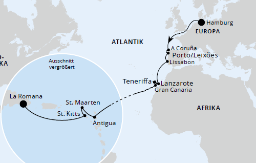 AIDAperla vom 18.10.2024 bis 07.11.2024, Von Hamburg in die Dominikanische Republik