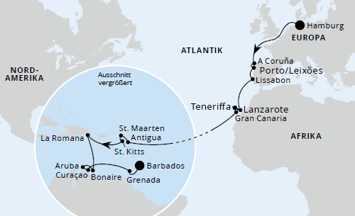 AIDAperla - Von Hamburg nach Barbados mit AIDAperla 18.10.2024 bis 14.11.2024, Aida