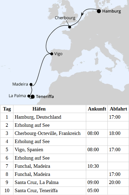 AIDAperla vom 04.11.2027 bis 13.11.2027, Kreuzfahrt AIDA Von Hamburg &uuml;ber Madeira nach Teneriffa