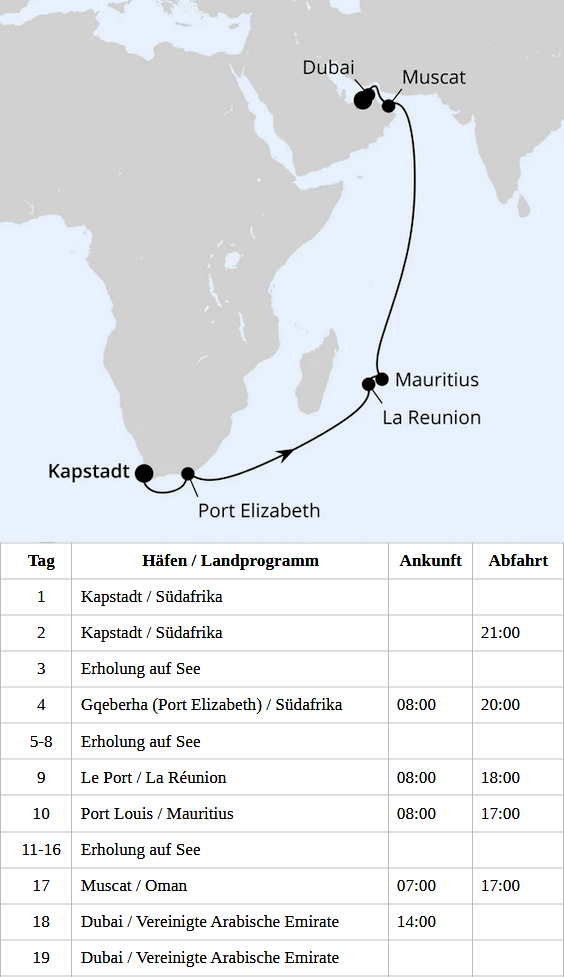 AIDAperla 29.11.2027 bis 19.12.2027, Von Kapstadt &uuml;ber Mauritius nach Dubai 1