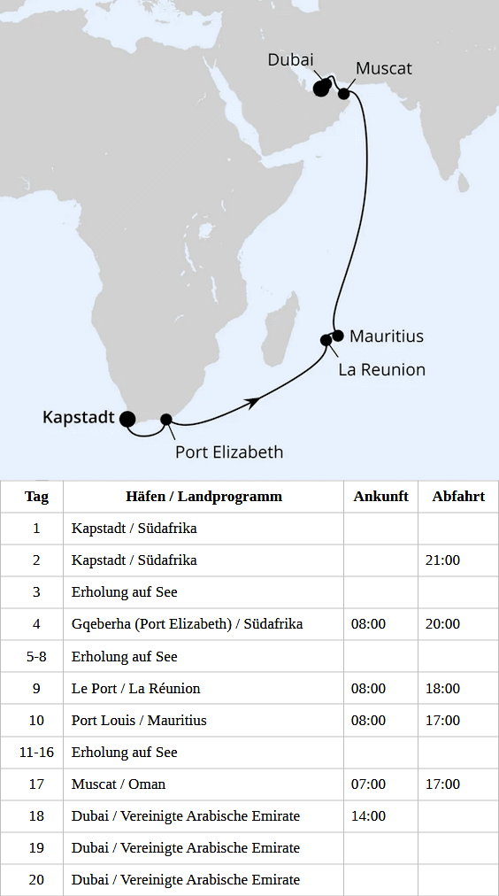 AIDAperla 29.11.2027 bis 19.12.2027, Von Kapstadt &uuml;ber Mauritius nach Dubai 2