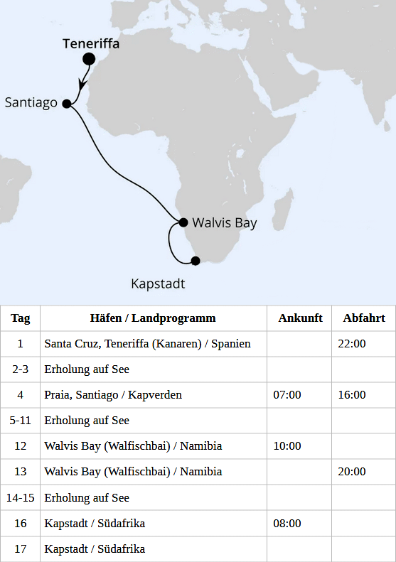 AIDAperla 13.11.2027 bis 29.11.2027, Von Teneriffa &uuml;ber Namibia nach Kapstadt