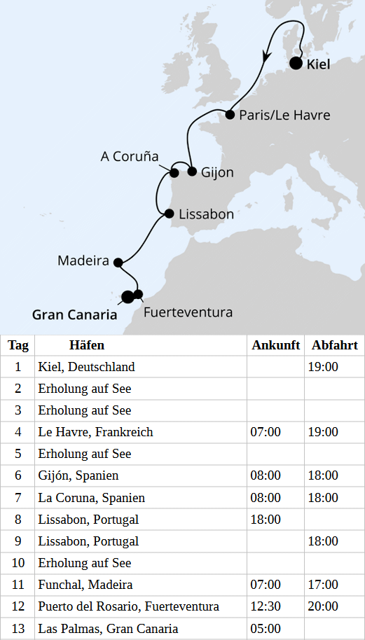 Europas Atlantikk&uuml;ste ab Kiel, AIDAprima vom 06.01.2027 bis 18.01.2027