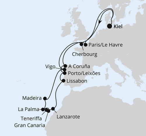 AIDA Große Winterpause Kanaren ab Kiel, AIDAprima vom 09.01.2026 bis 01.02.2026