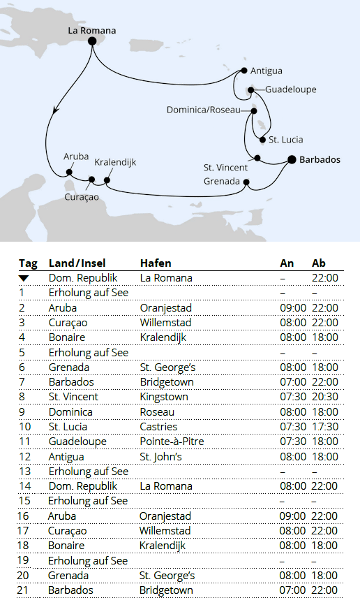 AIDAprima vom 03.02.2028 bis 24.02.2028, AIDA Karibische Insel-Rundreise ab Dominikanische Republik