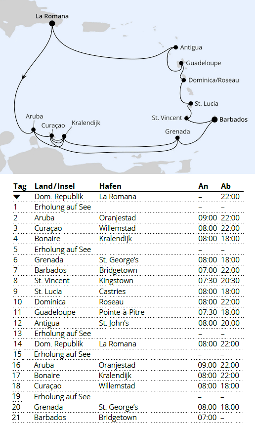 AIDAprima vom 17.02.2028 bis 09.03.2028, AIDA Karibische Insel-Rundreise ab Dominikanische Republik