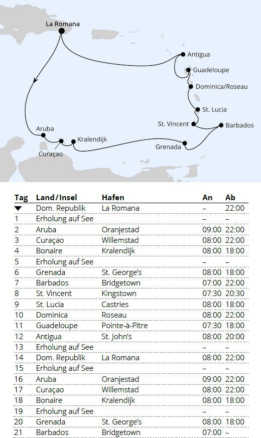 AIDAprima vom 20.01.2028 bis 10.02.2028, AIDA Karibische Insel-Rundreise ab Dominikanische Republik