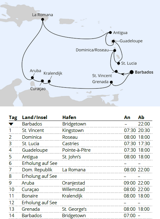 AIDAprima vom 10.02.2028 bis 24.02.2028, AIDA Karibische Inseln ab Barbados