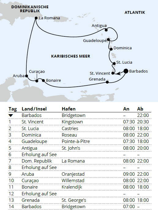 AIDAprima vom 27.01.2028 bis 10.02.2028, AIDA Karibische Inseln ab Barbados