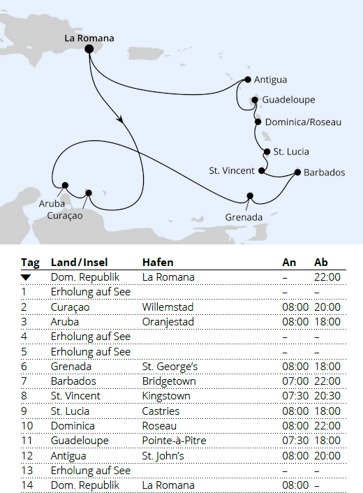 AIDAprima vom 06.01.2028 bis 20.01.2028, AIDA Karibische Inseln ab Dominikanische Republik