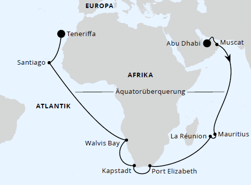 AIDAprima vom 04.04.2027 bis 07.05.2027, AIDAprima Von Abu Dhabi über Afrika nach Teneriffa