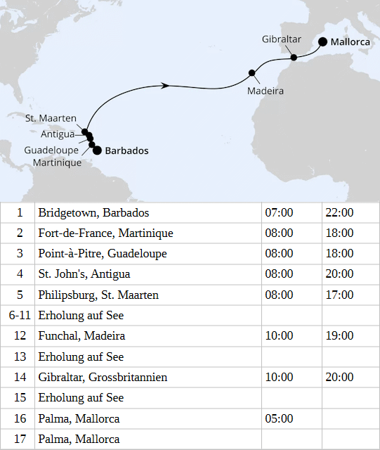 AIDAprima vom 23.03.2028 bis 08.04.2028, AIDA Von Barbados &uuml;ber Madeira nach Mallorca