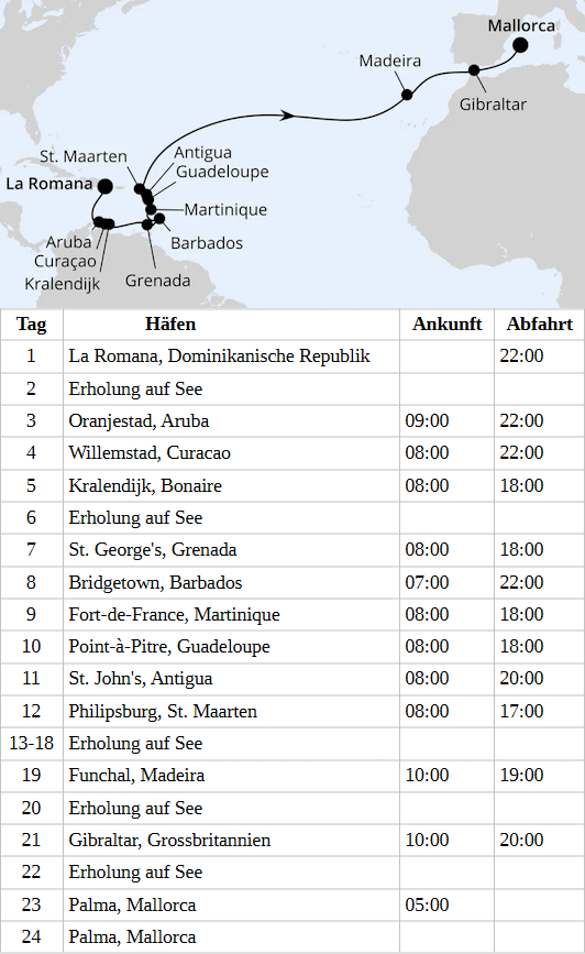 AIDAprima vom 16.03.2028 bis 08.04.2028, AIDA Von der Dom. Republik &uuml;ber Madeira nach Mallorca