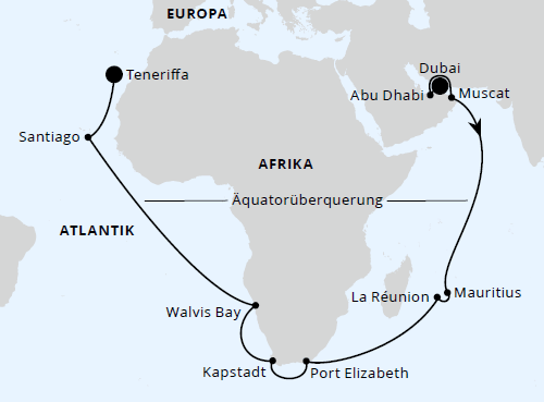 AIDAprima vom 03.04.2027 bis 07.05.2027, AIDAprima Von Dubai über Afrika nach Teneriffa