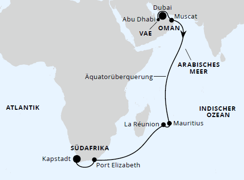 AIDAprima vom 03.04.2027 bis 22.04.2027, AIDAprima Von Dubai über Mauritius nach Kapstadt 2