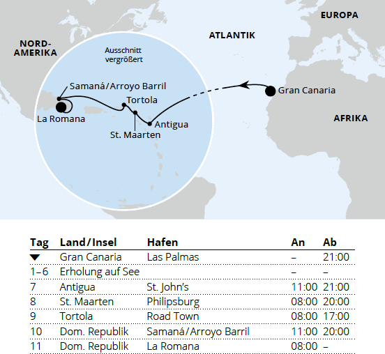 AIDAprima vom 14.11.2027 bis 25.11.2027, AIDA Von Gran Canaria &uuml;ber Antigua in die Dom. Republik