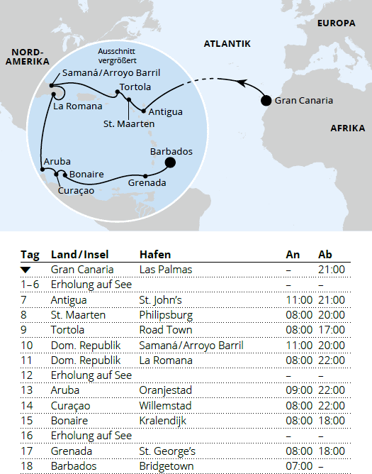 AIDAprima vom 14.11.2027 bis 02.12.2027, AIDA Von Gran Canaria &uuml;ber Curacao nach Barbados