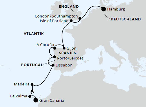 AIDAprima vom 08.05.2027 bis 20.05.2027, AIDAprima Von Gran Canaria &uuml;ber Portugal nach Hamburg