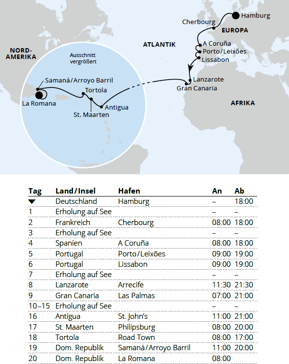 AIDAprima vom 05.11.2027 bis 25.11.2027, AIDA Von Hamburg &uuml;ber die Kanaren in die Dom. Republik