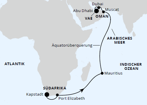 Von Kapstadt über Mauritius nach Abu Dhabi, AIDAprima vom 17.11.2026 bis 06.12.2026
