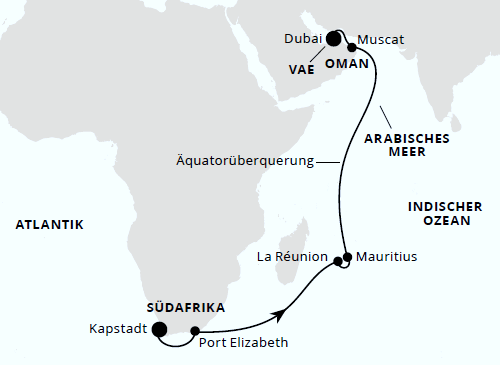 AIDAprima vom 02.11.2025 bis 22.11.2025, AIDA Von Kapstadt über Mauritius nach Dubai 2