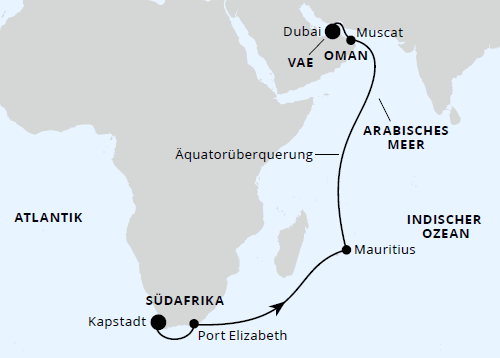 Von Kapstadt &uuml;ber Mauritius nach Dubai 2, AIDAprima vom 16.11.2026 bis 05.12.2026