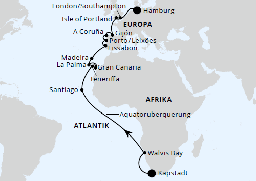 AIDAprima vom 22.04.2027 bis 20.05.2027, AIDAprima Von Kapstadt über Namibia nach Hamburg