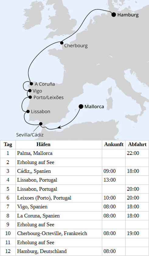 AIDAprima vom 28.05.2028 bis 08.06.2028, AIDA Von Mallorca &uuml;ber Portugal nach Hamburg