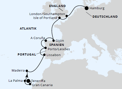 AIDAprima vom 07.05.2027 bis 20.05.2027, AIDAprima Von Teneriffa &uuml;ber Portugal nach Hamburg