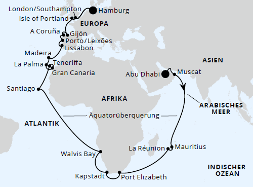 AIDAprima vom 04.04.2027 bis 20.05.2027, AIDAprima Weltenbummler Südafrika & Mauritius ab Abu Dhabi