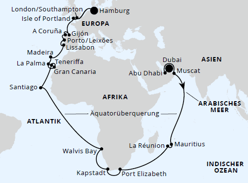 AIDAprima vom 02.04.2027 bis 20.05.2027, AIDAprima Weltenbummler Südafrika & Mauritius