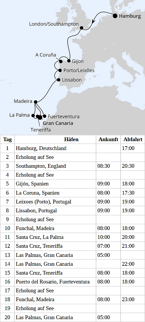 Westeuropa-Highlights & Kanaren ab Hamburg, AIDAprima vom 19.10.2026 bis 07.11.2026