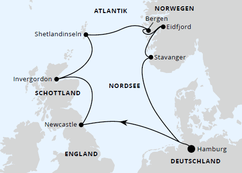 AIDAsol vom 16.04.2027 bis 25.04.2027, Großbritannien & Norwegen ab Hamburg, AIDA
