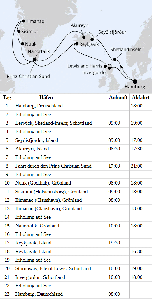 Island & Gr&ouml;nland ab Hamburg, AIDAsol vom 04.07.2028 bis 26.07.2028