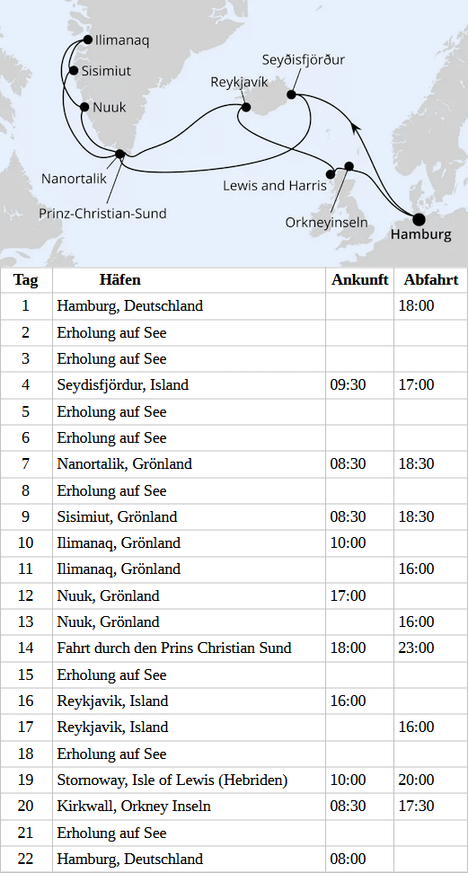 AIDAsol vom 27.06.2027 bis 18.07.2027, Island & Gr&ouml;nland ab Hamburg, AIDA
