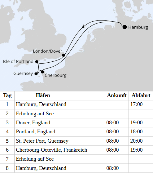 S&uuml;dengland, Guernsey & Mont-Saint-Michel ab Hamburg, AIDAsol vom 09.04.2028 & 23.04.2028