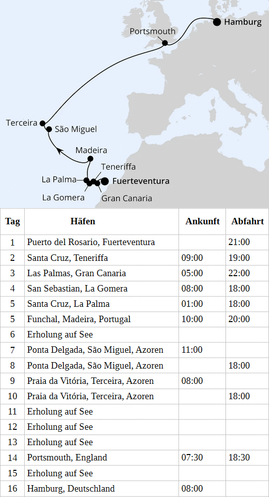 Von Fuerteventura &uuml;ber die Azoren nach Hamburg, AIDAsol vom 24.03.2028 bis 09.04.2028