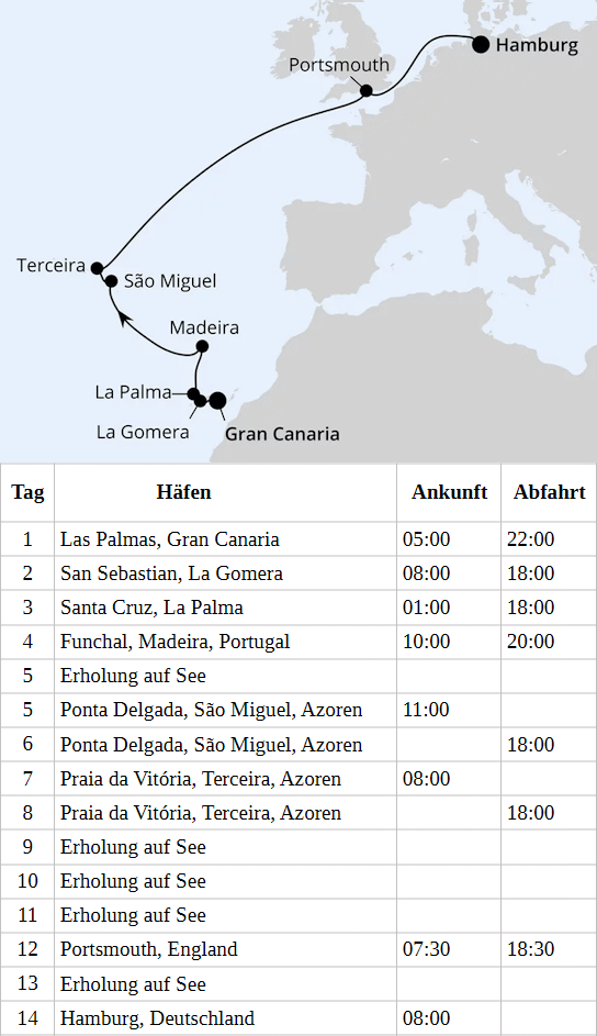 Von Gran Canaria &uuml;ber die Azoren nach Hamburg 1, AIDAsol vom 26.03.2028 bis 09.04.2028