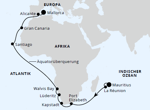 Von Mauritius über Afrika nach Mallorca, AIDAstella vom 13.05.2027 bis 10.06.2027