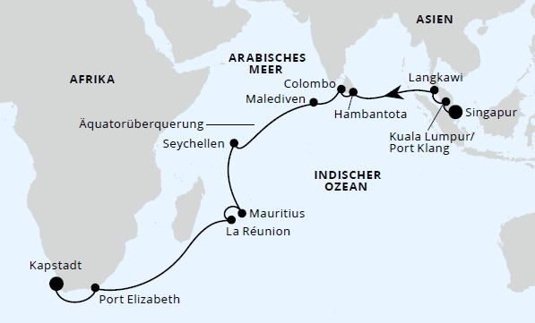 Von Singapur &uuml;ber Mauritius nach Kapstadt, AIDAstella vom 27.04.2027 bis 22.05.2027